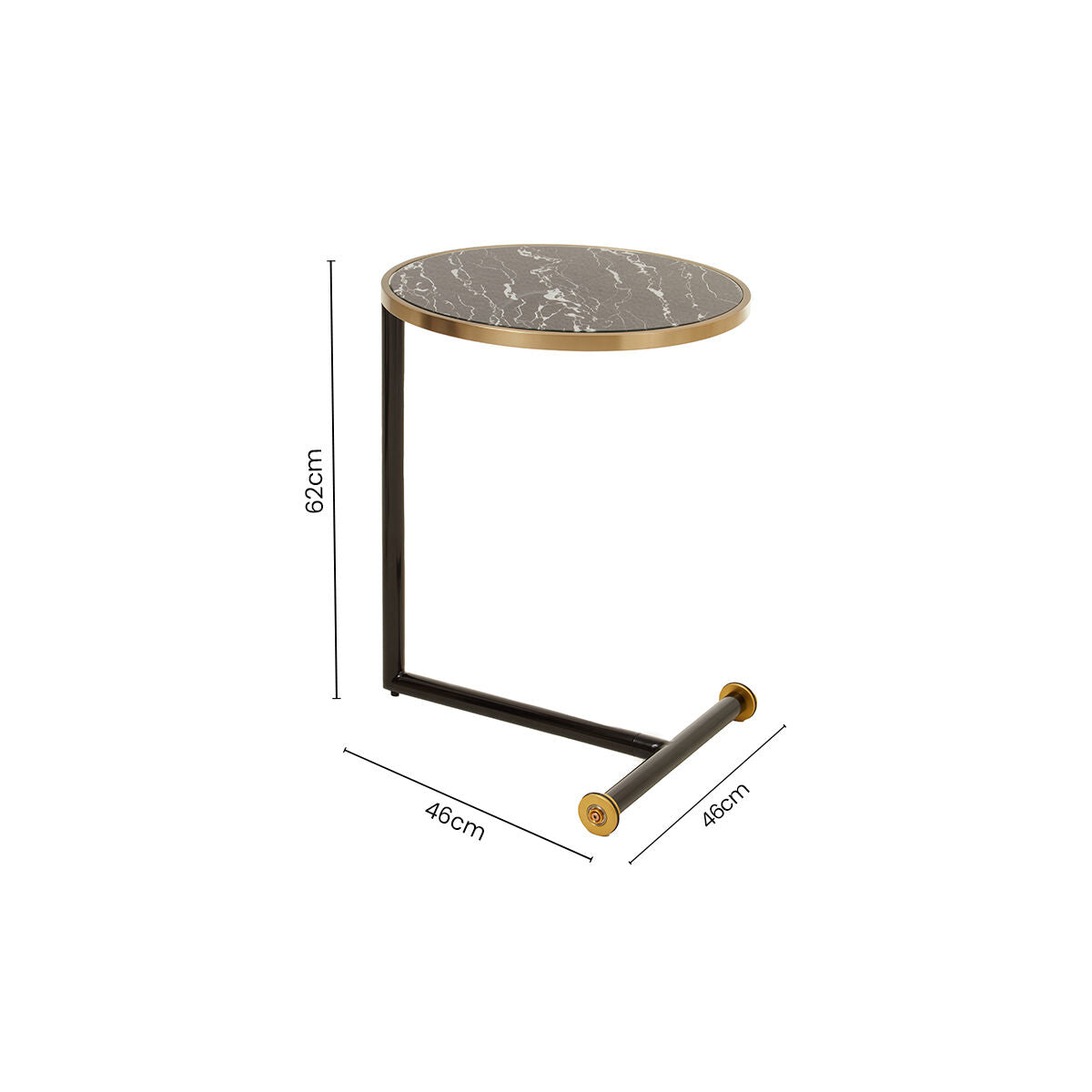 Black Marble Effect Glass Top Side Table with Gold Rim and Gold Feet, Oria