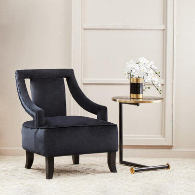 Black Marble Effect Glass Top Side Table with Gold Rim and Gold Feet, Oria