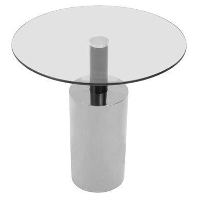 Clear Glass Top Side Table with Silver Steel Base and Black Column, Oria