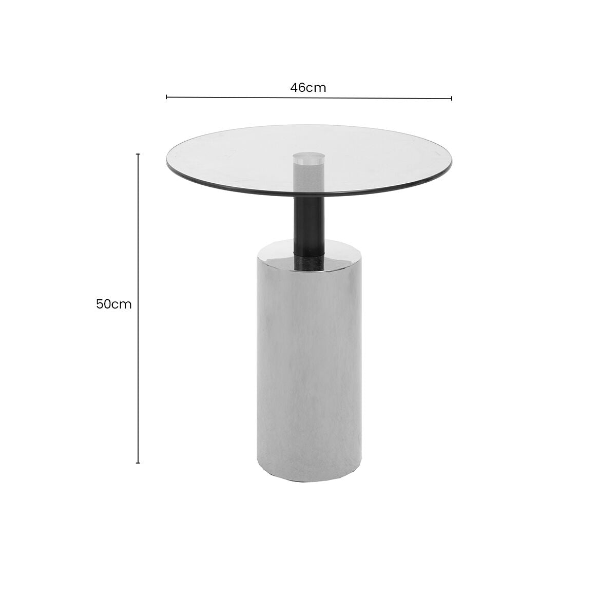 Clear Glass Top Side Table with Silver Steel Base and Black Column, Oria
