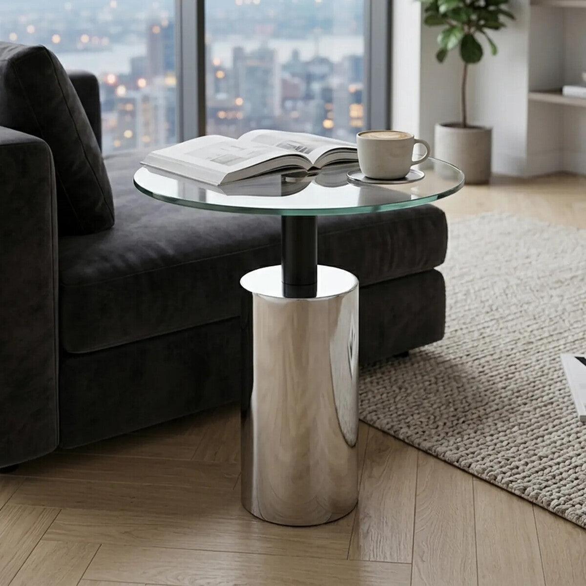 Clear Glass Top Side Table with Silver Steel Base and Black Column, Oria