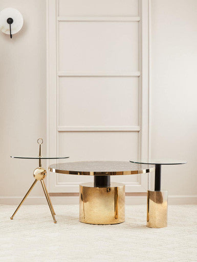 Clear Glass Top Side Table with Gold Steel Base and Black Centre Support, Oria