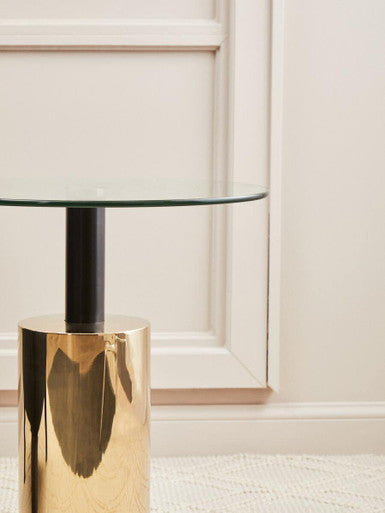 Clear Glass Top Side Table with Gold Steel Base and Black Centre Support, Oria