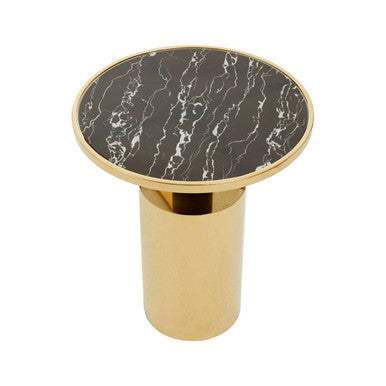 Black Marble Effect Glass Top Side Table with Gold Finished Base, Oria