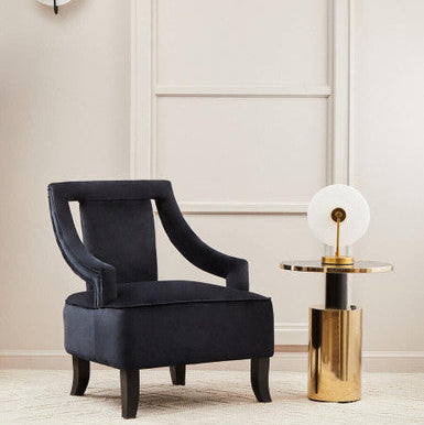 Black Marble Effect Glass Top Side Table with Gold Finished Base, Oria
