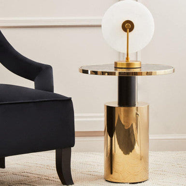 Black Marble Effect Glass Top Side Table with Gold Finished Base, Oria