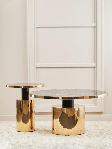 Black Marble Effect Glass Top Side Table with Gold Finished Base, Oria