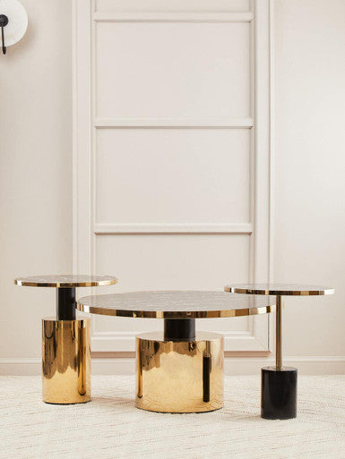 Black Marble Effect Glass Top Coffee Table with Gold Finish Base, Oria