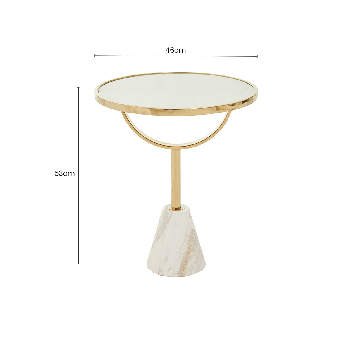 White Glass Top Side Table with Gold Metal Column and White Marble Base, Oria