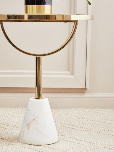 White Glass Top Side Table with Gold Metal Column and White Marble Base, Oria