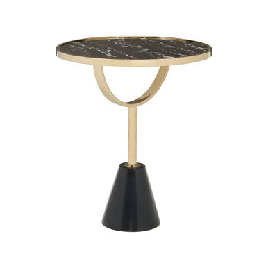 Black Glass Top Side Table with Gold Metal Column and Black Marble Base, Oria