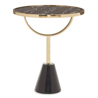 Black Glass Top Side Table with Gold Metal Column and Black Marble Base, Oria