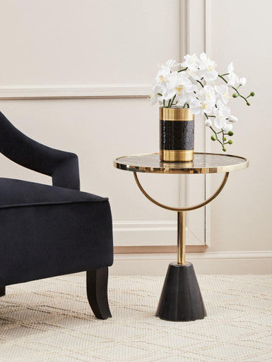 Black Glass Top Side Table with Gold Metal Column and Black Marble Base, Oria