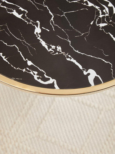 Black Glass Top Side Table with Gold Metal Column and Black Marble Base, Oria