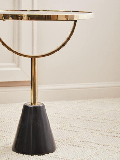Black Glass Top Side Table with Gold Metal Column and Black Marble Base, Oria