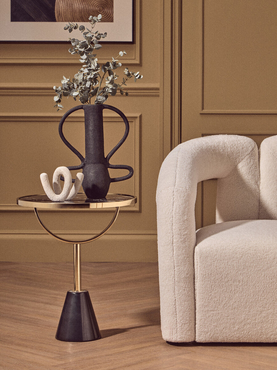 Black Glass Top Side Table with Gold Metal Column and Black Marble Base, Oria