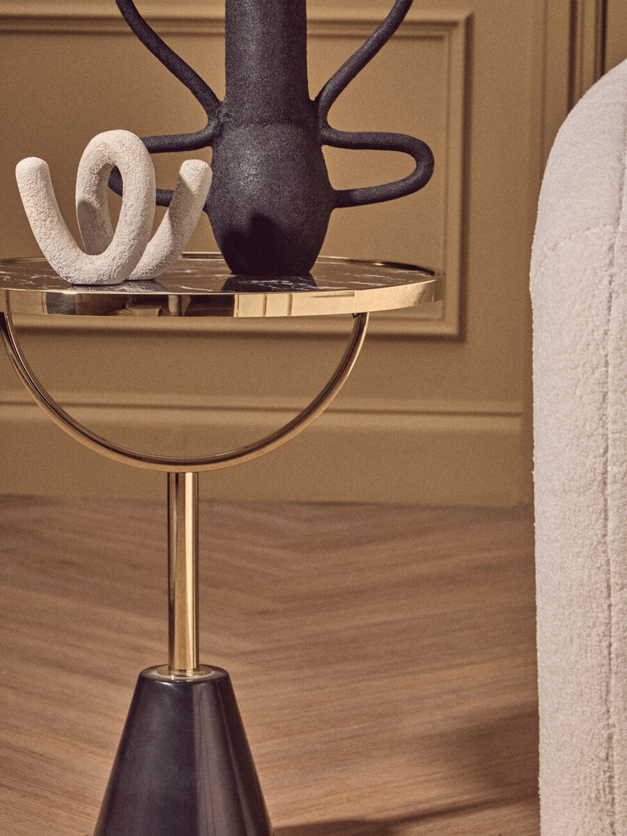 Black Glass Top Side Table with Gold Metal Column and Black Marble Base, Oria