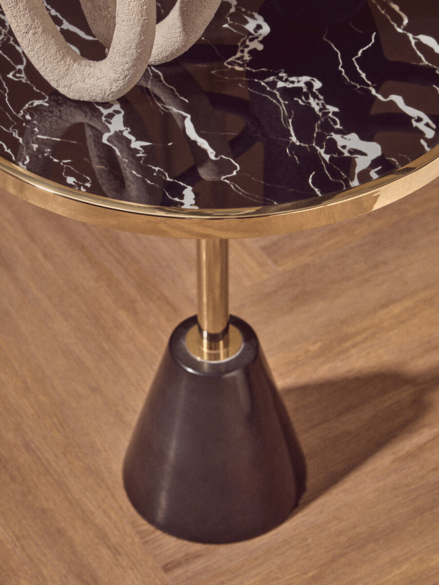Black Glass Top Side Table with Gold Metal Column and Black Marble Base, Oria