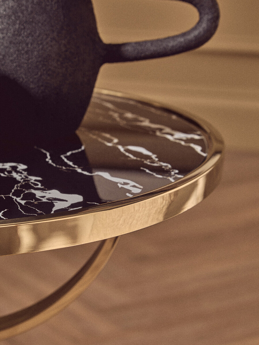 Black Glass Top Side Table with Gold Metal Column and Black Marble Base, Oria