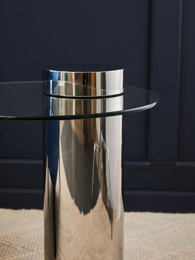 Clear Round Glass Top Side Table with Silver Metal Pedestal Base, Oria