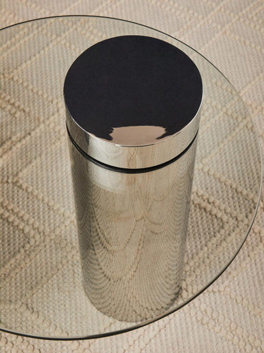 Clear Round Glass Top Side Table with Silver Metal Pedestal Base, Oria