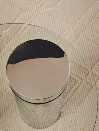 Clear Round Glass Top Side Table with Silver Metal Pedestal Base, Oria