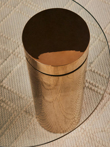 Clear Round Glass Side Table with Tall Rose Gold Standing Base, Oria