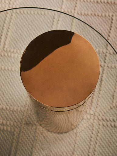 Clear Round Glass Side Table with Tall Rose Gold Standing Base, Oria