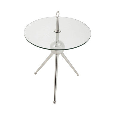 Clear Glass Top Side Table with Silver Stainless Steel Tripod Frame, Oria