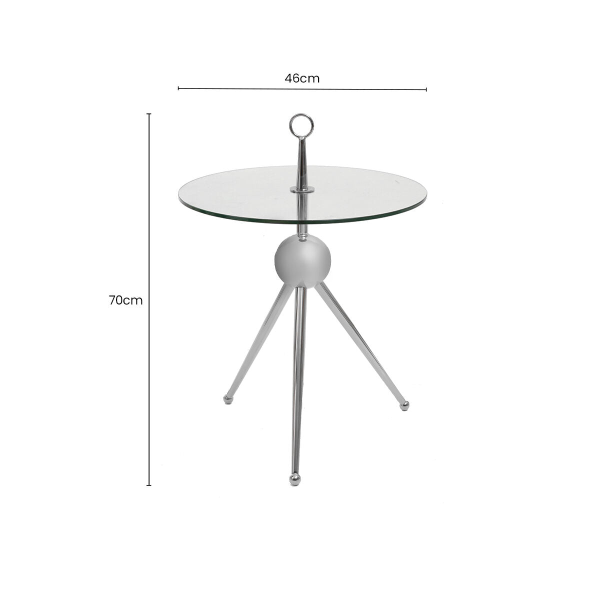 Clear Glass Top Side Table with Silver Stainless Steel Tripod Frame, Oria