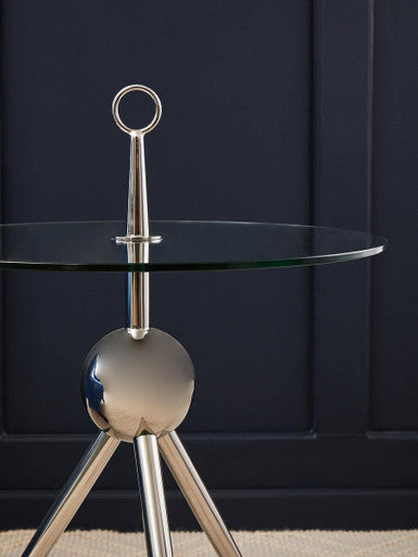 Clear Glass Top Side Table with Silver Stainless Steel Tripod Frame, Oria