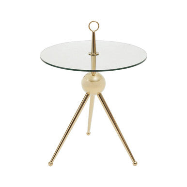 Clear Glass Top Side Table with Gold Tripod Metal Frame and Globe Detail, Oria