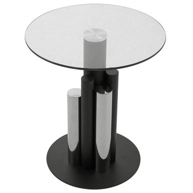Clear Glass Top Side Table with Black and Silver Five Column Base, Oria