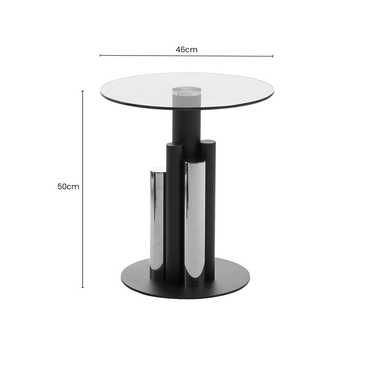 Clear Glass Top Side Table with Black and Silver Five Column Base, Oria