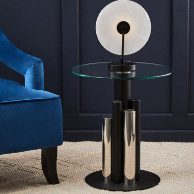 Clear Glass Top Side Table with Black and Silver Five Column Base, Oria