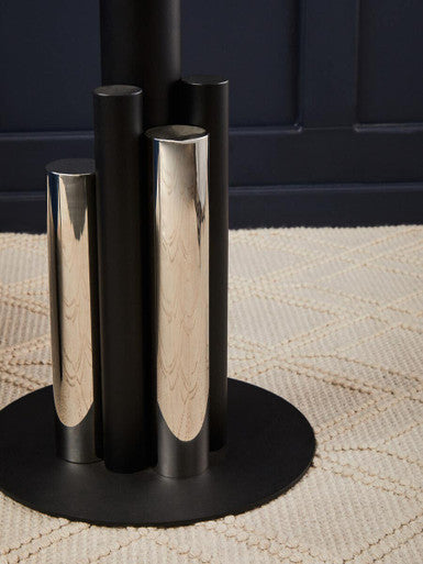 Clear Glass Top Side Table with Black and Silver Five Column Base, Oria