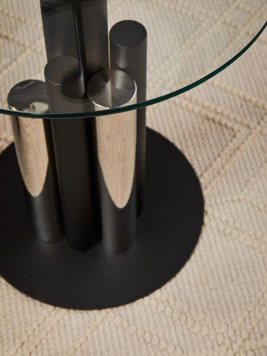Clear Glass Top Side Table with Black and Silver Five Column Base, Oria