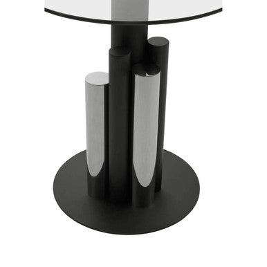 Clear Glass Top Side Table with Black and Silver Five Column Base, Oria