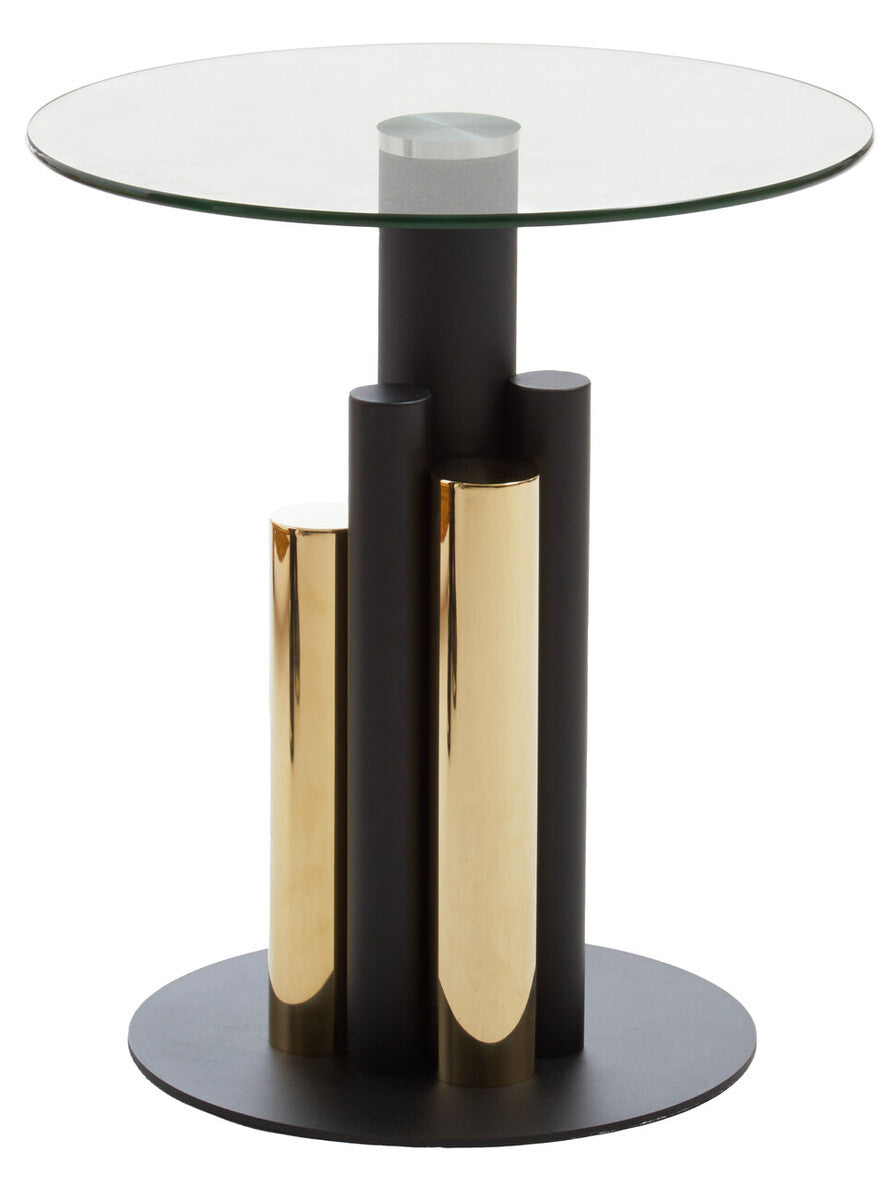 Clear Glass Top Side Table with Black and Gold Column Base, Oria