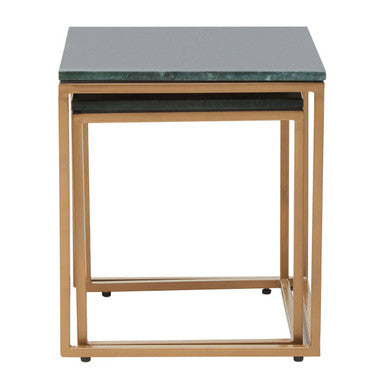 Nest of Two Green Marble Top Nesting Side Tables with Gold Finish Metal Frame, Varana