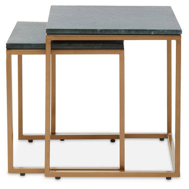 Nest of Two Green Marble Top Nesting Side Tables with Gold Finish Metal Frame, Varana