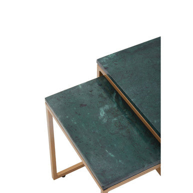 Nest of Two Green Marble Top Nesting Side Tables with Gold Finish Metal Frame, Varana