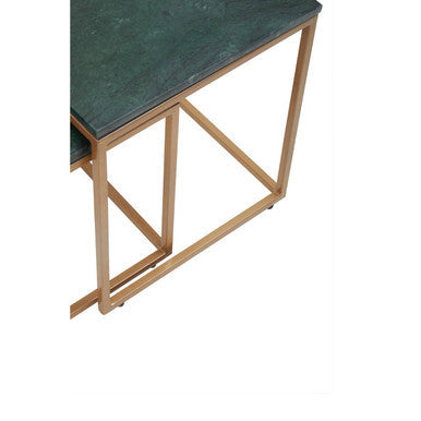 Nest of Two Green Marble Top Nesting Side Tables with Gold Finish Metal Frame, Varana