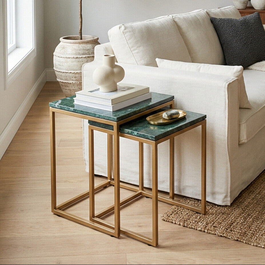Nest of Two Green Marble Top Nesting Side Tables with Gold Finish Metal Frame, Varana