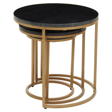 Nest of 3 Black Marble Round Top Nesting Tables with Matte Gold Metal Base, Varana