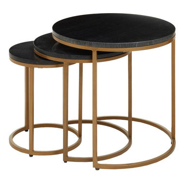 Nest of 3 Black Marble Round Top Nesting Tables with Matte Gold Metal Base, Varana