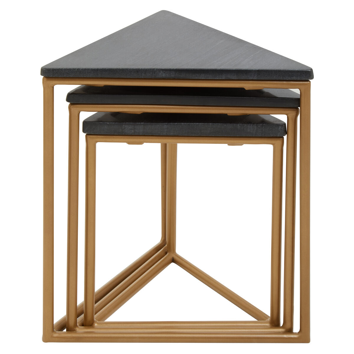 Set of 3 Black Marble Triangular Nesting Tables with Matte Gold Metal Frames, Varana