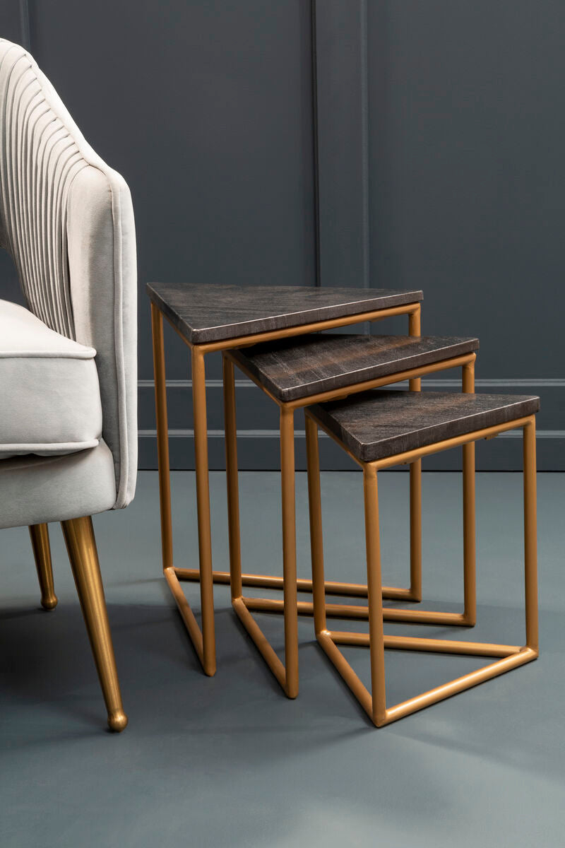 Set of 3 Black Marble Triangular Nesting Tables with Matte Gold Metal Frames, Varana