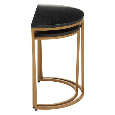 Nest of 2 Half Moon Black Marble Top Nesting Tables with Gold Finish Metal Bases, Varana