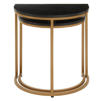 Nest of 2 Half Moon Black Marble Top Nesting Tables with Gold Finish Metal Bases, Varana